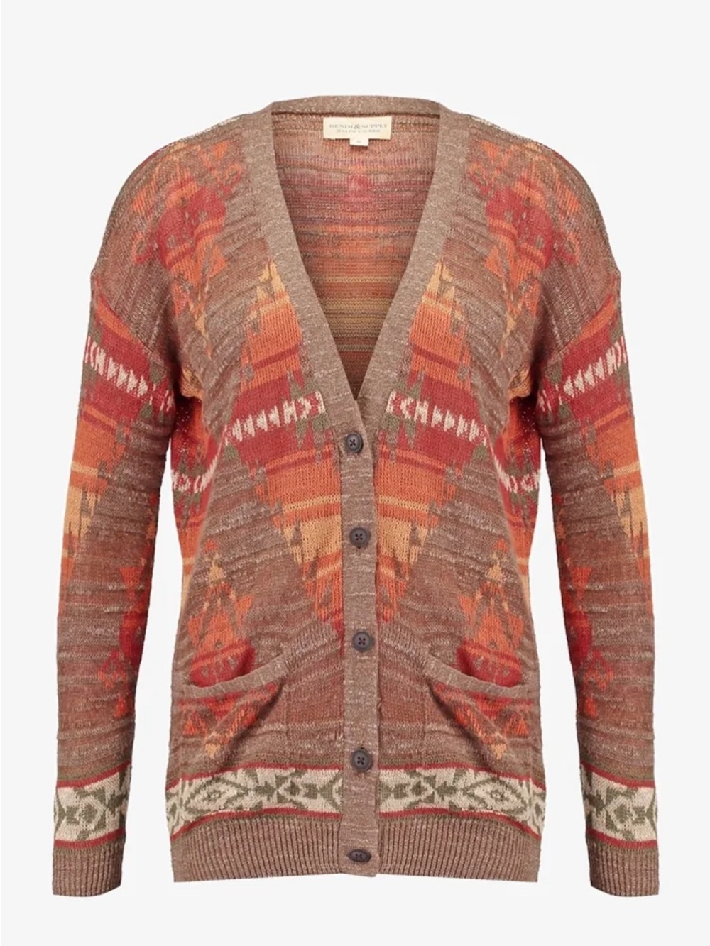 Denim & Supply Ralph Lauren Brown and Orange Geometric Button Cardigan SZ Small